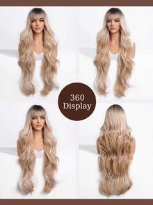 26英寸渐变金色长波浪假发，带刘海，无胶合成假发，自然逼真，耐热，适合日常派对 - 漸變金色 - 查看 7
