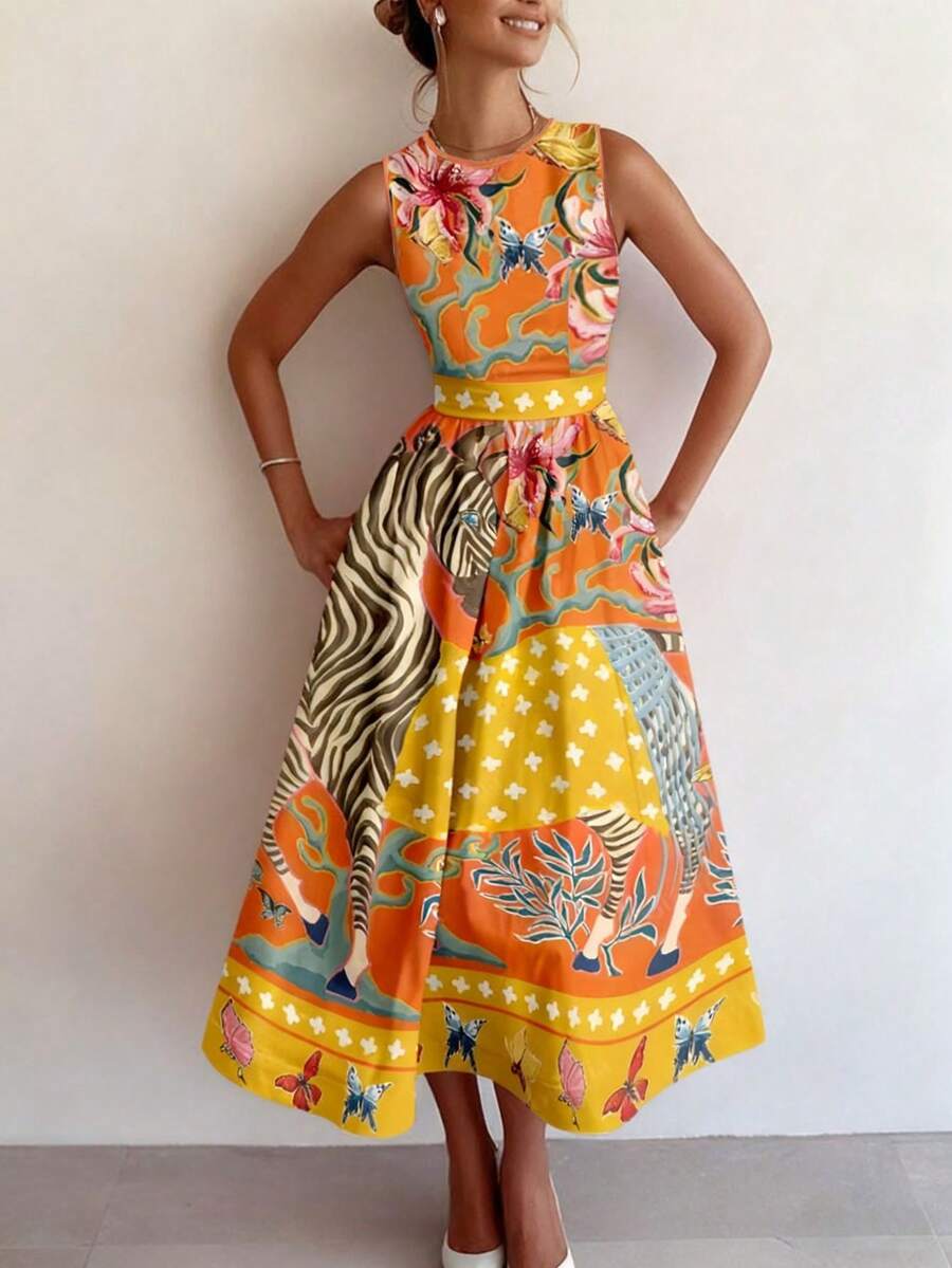 Fashionable Printed Sleeveless Round Neck Dress, Elegant Vacation Charm Party Dress, Women Summer - Multicolor - View 1
