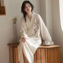 Gauze Cotton Robe Gown Bathrobe Dressing Gown Summer Floral Nightgowns Sleeping Pyjamas Nightwears Ladies - 藍色 - 查看 3