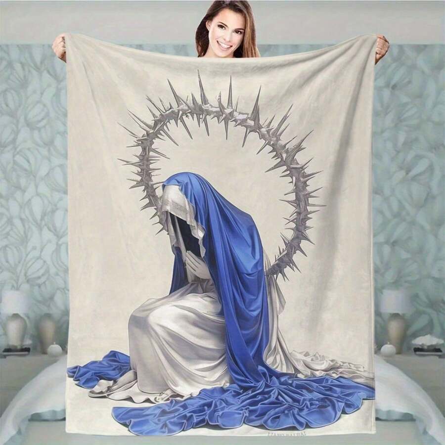 1pc Virgin Mary Prayer Theme Creative Blanket Shawl Blanket Thrower Blanket, Comfortable And Soft High-Definition Digital Printed Plush Blanket, A Comforting Gift For Patients, The Injured, Suitable For Outdoor Use, Car Use, Bed, Sofa, Chair Use, Living Room, Bedroom Decoration, All Seasonshome Decor Items,Home Decor,Room Decoration Bedroom - White - View 1