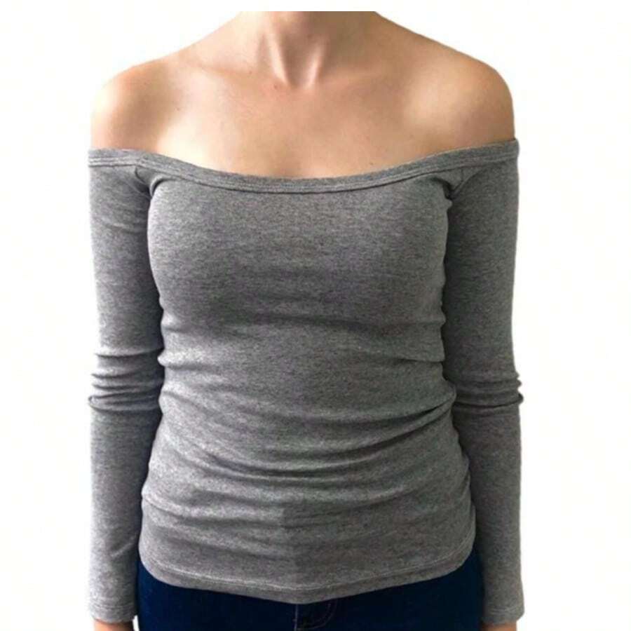 LJ Basic Women's Off-Shoulder Long Sleeve Blouse, Comfortable Basic Ribbed Top - Grey - View 1