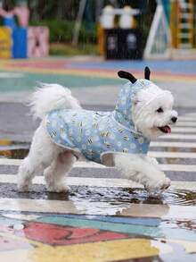 LUCKIE PAL 1pc Bee & Flower Print Waterproof Raincoat For Cats & Dogs, Suitable For Rainy Days - Dusty Blue - View 3