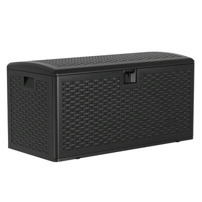 Caja de almacenamiento exterior de 73 galones - Cofre impermeable y con cerradura para cojines de patio, herramientas de jardín, accesorios de piscina, juguetes de exterior - Banco de resina resistente a los rayos UV de alta resistencia - Correa tejida, negro