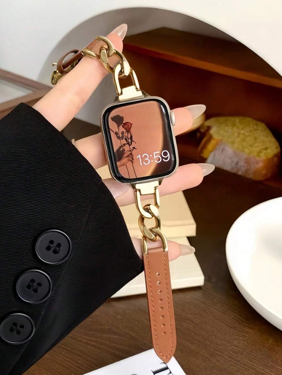 1件男女通用创意奢华银色/金色/玫瑰金金属玫瑰手链，配可调节柔软棕色皮革表带，兼容Ultra 2 1 SE 9 8 7 6 5 4 3 2 1系列38mm 40mm 41mm 42mm 44mm 45mm 49mm智能手表表带 - 棕色 - 查看 1
