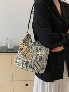 New Ditsy Floral Large Capacity Bucket Bag, Unique Design, Fashionable And Versatile Shoulder Bag - Beige - View 12