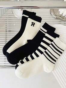 1/5 Pairs Random Women's Black & White Striped Letter Print Breathable Crew Socks, Suitable For Students And Commuting Outfits - Black and White - View 6