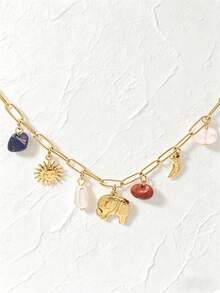 1pc 18K Gold Plated Stainless Steel Women's Bracelet, Ins Style, Paperclip Chain, Elephant, Moon, Sun, Pearl, Natural Stone Decor, Colorful Bracelet, Women's Jewelry, Stainless Steel Bracelet, Delicate Gift, Elegant Bracelet, Bohemian Style - Titanium Steel Bracelet - View 4
