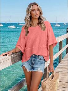 Women's Casual Asymmetrical Neck Drop Shoulder Half Sleeve T-Shirt With Exposed Seam Details, Regular Length Loose Fit Top - 粉色 - 查看 2