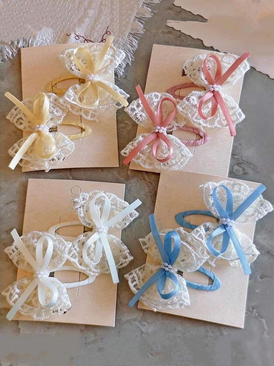 2 chiếc kẹp tóc mái lệch ren nơ dễ thương cho bé gái - Nhiều màu - Xem 1