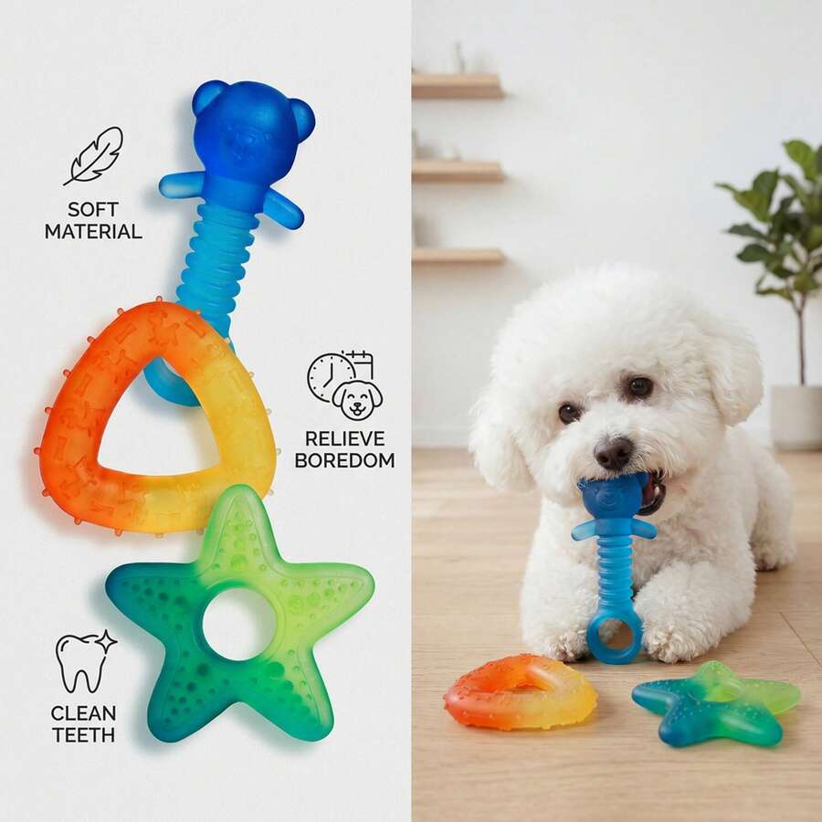 1 Đồ chơi gặm nướt cho chó con nhỏ - Bộ đồ chơi gặm bằng nhựa PVC chuyển màu dành cho chó thích gặm mạnh - Đồ chơi làm sạch răng cho chó nhỏ giúp ngăn chặn hành vi gặm phá hoại, giảm lo lắng và buồn chán - Quà tặng cho thú cưng trong nhà