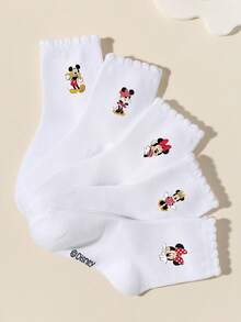 Disney 5双装迪士尼儿童袜子，春夏中筒袜，卡通红色蝴蝶结老鼠/复古波点图案，简约时尚，柔软透气吸湿，百搭蕾丝边，适合返校、校园穿着、运动、度假、旅行、日常穿着 - 彩色 - 查看 3