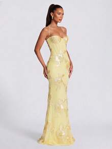 Women's Cream Yellow Shiny Floral Embroidered Elegant Sexy Semi-Sheer Backless Floral Mesh Party Dress, Suitable For Evening Date, Anniversary, Graduation Party, Formal Gala - Yellow - View 5