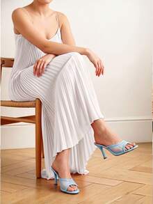 Sandal Wanita Model Baru Musim Panas Kasual Patchwork Warna Solid Jala Elegan Model Mule Ujung Terbuka Hak Tinggi Warna Biru - Biru - View 3