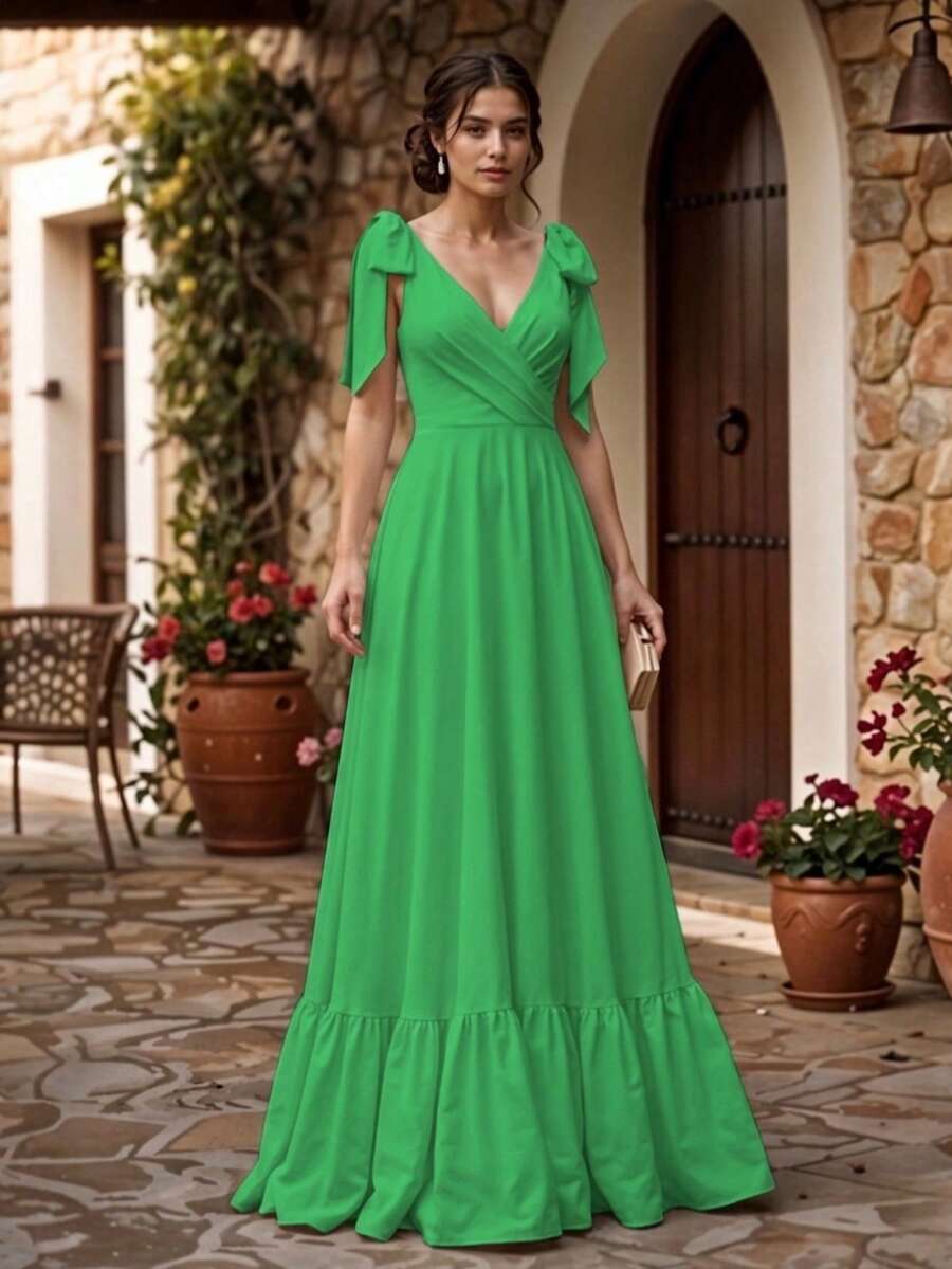 Women's V-Neck Backless Long Dress - Hijau - View 1