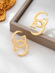1 Pasang Anting Tusuk Huruf Geometris Modis, Cocok untuk Pemakaian Sehari-hari - Yellow Gold - View 9