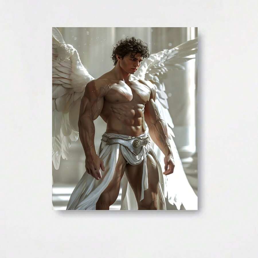 2D Plano, 1 Pieza Pintura en Lienzo Sin Marco 2D, Arte Plano 2D, 1 Pieza Pintura al Óleo Moderna de Ángel Masculino Sin Marco - Obra de Arte de Ángel Masculino con Alas Blancas, Figura Similar a un Dios Griego, Adecuada para Decoración de Paredes en Hogar y Oficina, Regalo de Temporada para - Enmarcado - Ver 1
