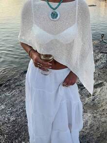 GLAMMY 夏季泳衣沙滩罩衫，女士可爱纯白色针织上衣，不对称下摆设计，精细闪亮针织面料，轻盈透气，略微宽松版型，适合各种身材，度假沙滩休闲上衣罩衫 - 白色 - 查看 4