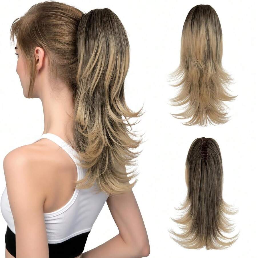 Cola de Caballo Postiza 35cm, Pelo Ondulado con Capas Naturales, Extensión de Cabello con Clip de  y Cordón Integrado, Peinado Realista para Uso Diario (Castaño Oscuro)