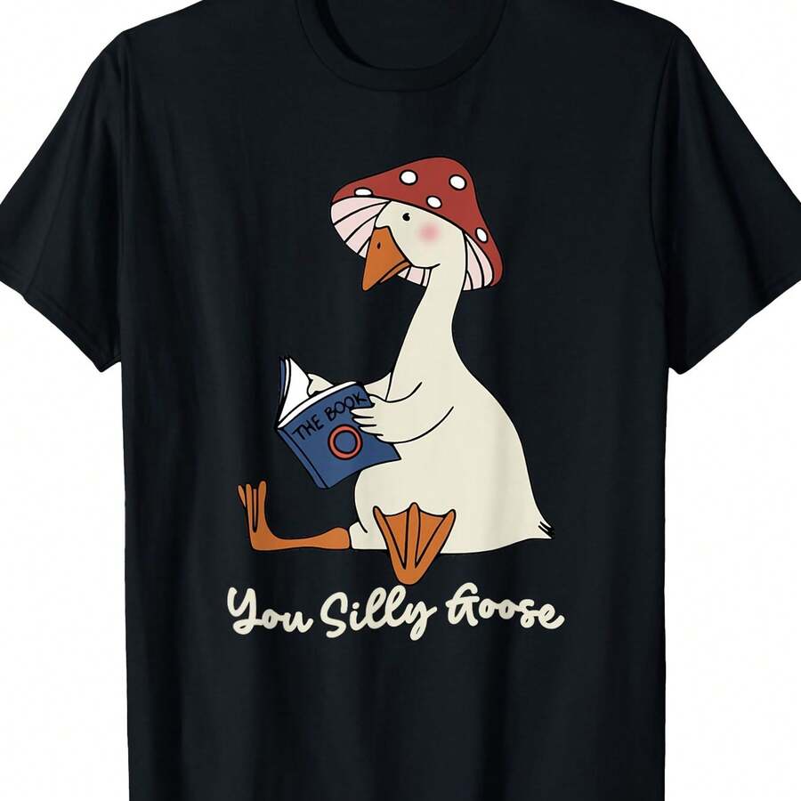 Funny Duck & Goose "You Silly Goose" T-Shirt For S - 100% Cotton 220gsm Soft Casual Tee With Goose Reading Book, Red Mushroom Hat & Pink Bow Accent - Animal Pun Shirt For &, Black Short Sleeve Round Neck - 黑色 - 查看 1