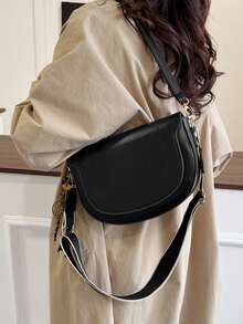 ZA New Autumn Women's Burgundy Saddle Bag, Contrast Stitching Design, Top Handle One Shoulder Crossbody Flap Rigid Bag - Black - View 4