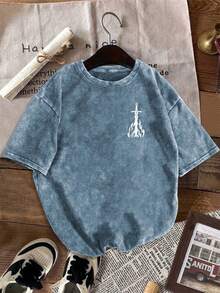 Glass Throne Printed Washed T-Shirt, Short-Sleeved Round Neck Casual Top, Suitable For Spring And Summer Wear, Women's Clothing. - Màu xanh lam - Xem 2