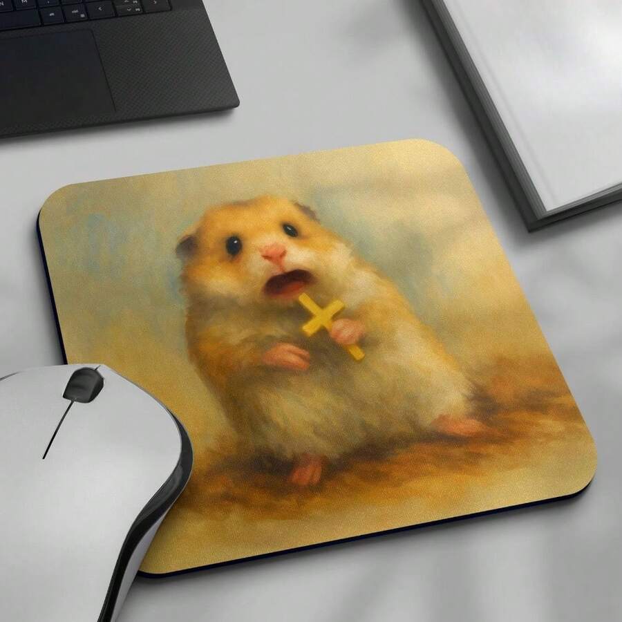 Funny Hamster Mouse Pad, Terrified Hamster With Cross Mouse Mat, Funny Animal Art, Silly Gag Gift For Office & Gaming, Cute Rodent Desk Pad - View 1
