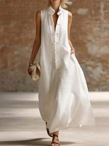 2026 New European And American Fashion Stand Collar Frog Button Loose Linen Cotton Long Dress - 白色 - 查看 12