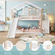 Children's Bunk Bed With Slide And Stairs In Scandinavian Style, Solid Wood Construction, Stable & , With Railing & Storage Space, Space-Saving, Ideal For Siblings, EN 747-1:2024 Certified - 白色 - 查看 3