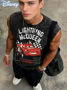 Disney Officially Licensed Sleeveless Graphic Tees, 100 Percent Cotton, Cars  I'm Lightning Sleeveless T-Shirt, Men's, Washed 230g, Retro Vintage, Crew Neck, Comfortable - 黑色 - 查看 1