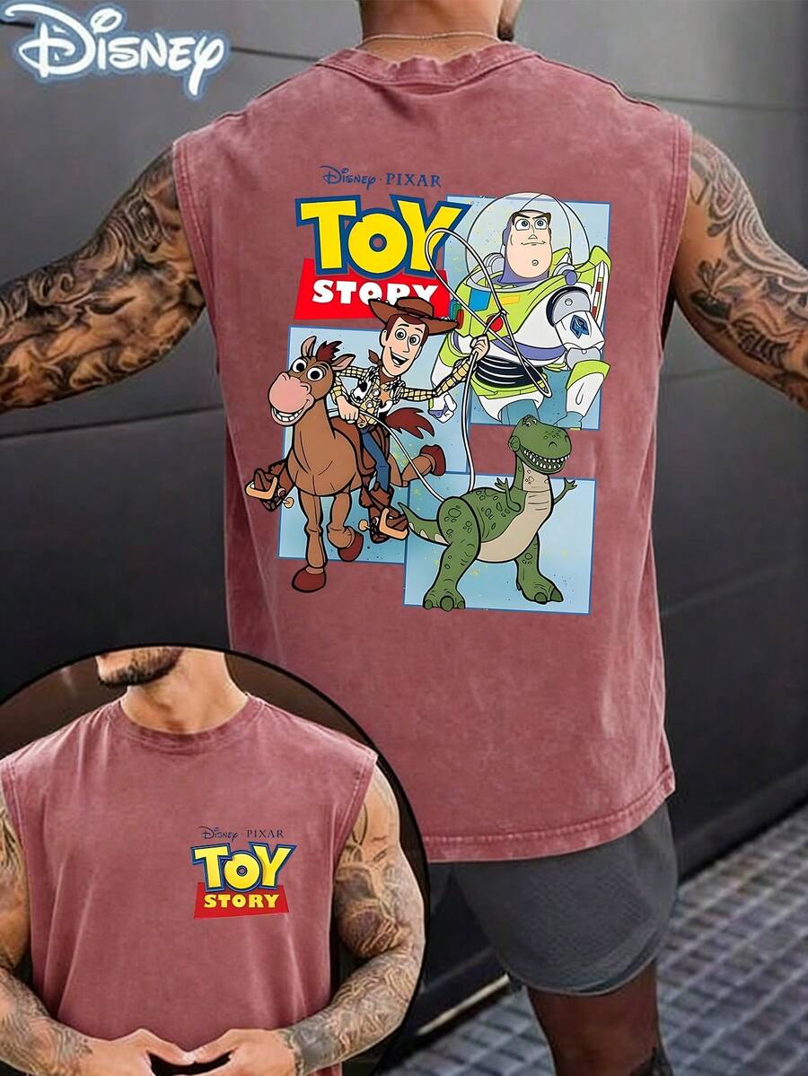Disney Official Licensed Toy Story Unisex Acid Wash Sleeveless T-Shirt, Woody & Buzz Lightyear Graphic Tank Top, 230g Heavyweight Cotton Blend, Casual Vacation Top, Breathable Summer Wear - 粉色 - 查看 1