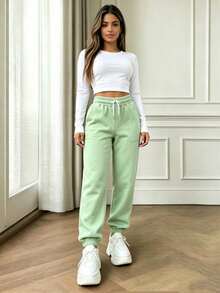 Pantalones de chándal de cintura alta de color sólido - Pantalones de yoga de pierna ancha y corte holgado con bolsillos laterales, adecuados para el uso diario en otoño, pantalones casuales holgados de unicolor y elegante y minimalista - Verde militar - Ver 2