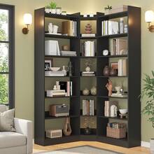 Modern L-Shaped Corner Bookshelf - 6-Tier 12-Compartment Space-Saver, Anti-Tip & Waterproof, For Living Room/Bedroom/Kitchen - màu đen - Xem 9