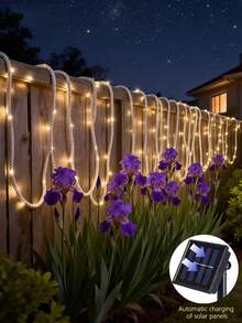 5m/10m White Hemp Rope LED Solar Waterproof String Lights –, Creating A Warm Atmosphere, Suitable For Decorative Lighting In Outdoor Courtyards, Gardens, Backyards, Terraces, Porches, Platforms And Lawns. - Solar Power - View 3