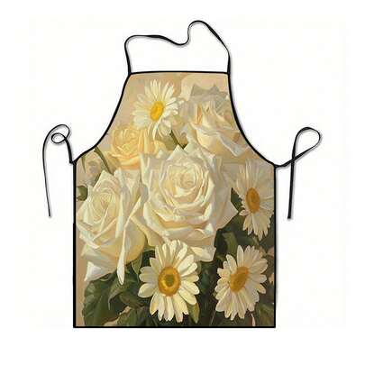 1pc White & Yellow Rose Daisy Floral Print Apron, Suitable For Kitchen, Living Room, Dining Room, Hotel, Outdoor BBQ, Made Of 100% Polyester, Machine Washable & Hand Washable