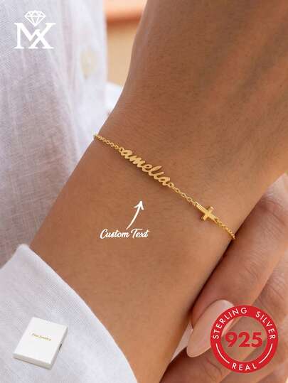 Pulsera de plata de ley 925 con cruz grabada personalizada, regalo para ella, pulsera con nombre de cruz, regalo del Día de la Madre, adecuada para el uso diario y citas