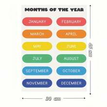 Framed Plano 2D, una pintura artística en lienzo envuelta en un marco de madera, que mide , con las palabras "MONTHS OF THE YEAR" en texto arriba, con 12 áreas ovaladas de colores ordenadas cuidadosamente debajo, cada una mostrando los nombres en inglés de los meses de enero a diciembre en - Enmarcado - Ver 7