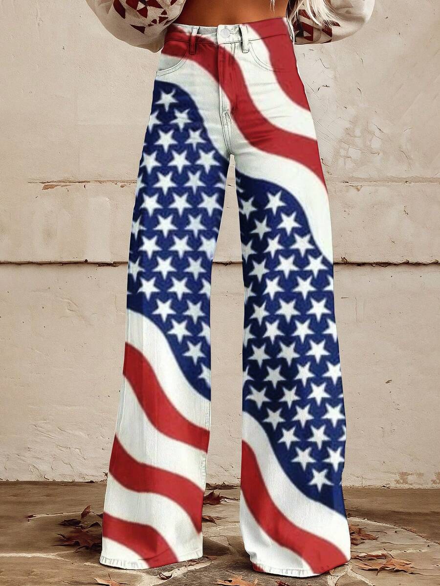 American Flag Print Wide Leg Jeans Women High Waist Patriotic Pants Casual Fashion Long Trousers - Màu hỗn hợp - Xem 1