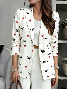 Women's Fashion White Jacket With Heart Print, Long Sleeve Lapel Front Button Jacket - White - View 1