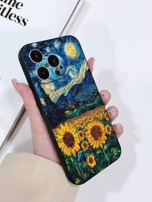 1 pieza Funda protectora de teléfono de TPU con textura mate negra con patrón de pintura de girasol y cielo nocturno, compatible con iPhone 15/15 Pro/15 Plus/15 Pro Max, 16/16 Pro/16 Plus/16 Pro Max, Galaxy S23 Ultra/A14/A24, teléfonos Android como Note 12 Pro - Multicolor - Ver 3