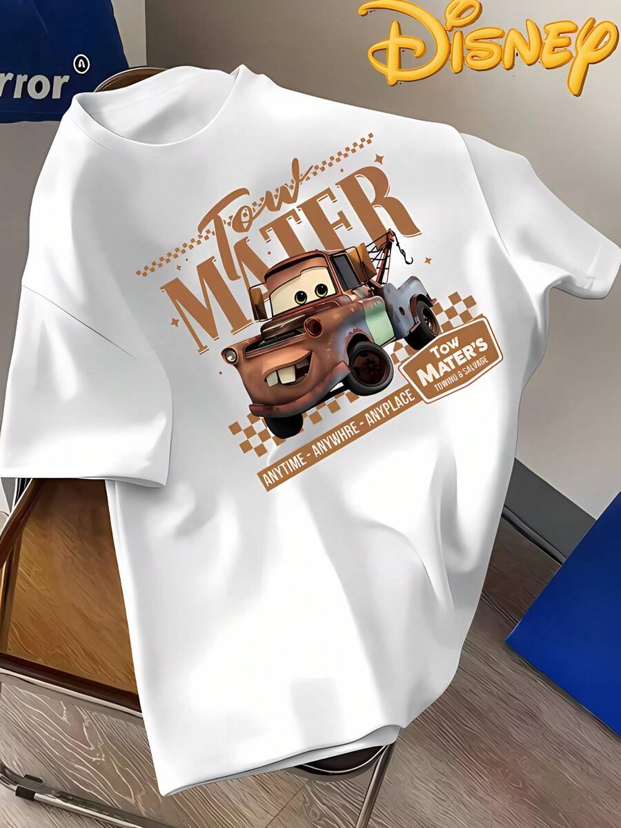 Disney Racing Story Screw Die Tow Mater Retro Distressed Trailer Rescue Slogan Printing Casual Fashion Style Round Neck Women's Summer T-Shirt, Design Sense Versatile In Summer Must Choose High Quality Fabric Women's Short Sleeve T-Shirt - trắng - Xem 1