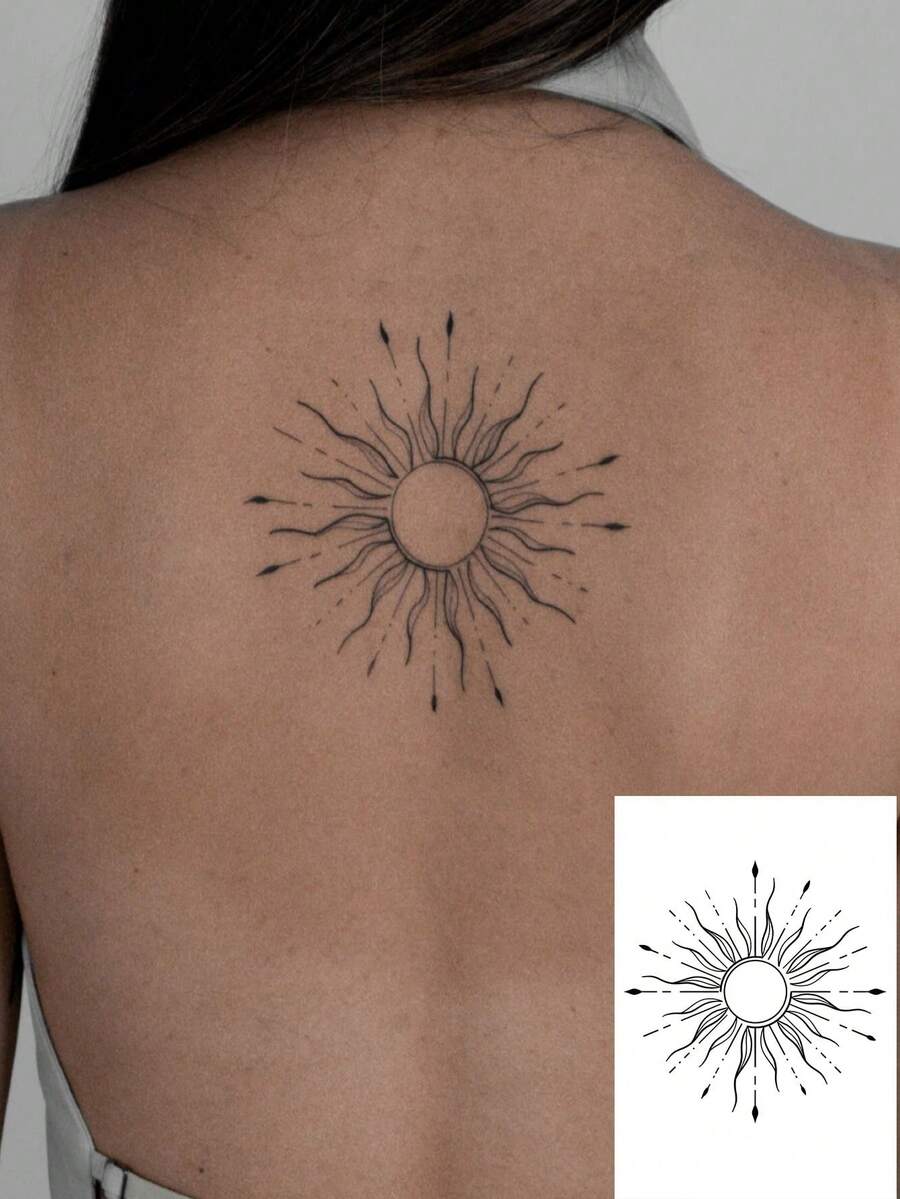 1 buah Stiker Tato Sementara Totem Matahari Gaya Bohemian Tahan Air, Cocok untuk Punggung/Tengkuk, Tato Tulang Belakang yang Dapat Dipersonalisasi, Tahan 2-3 Hari - Hitam - View 1