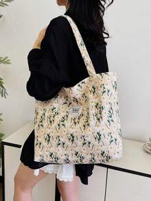 Cherry Print Simple Bucket Large Shoulder Tote Bag Student Girl Shoulder School Bag - Beige - View 4