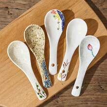 5/6pcs Japanese Style Ceramic Soup Spoons, Household Spoons, Rice Spoons, Dessert Spoons, Coffee Spoons, 6 Different Patterns, Underglaze Design, Microwave And Oven , Suitable For Daily Family Use And Restaurant - View 8