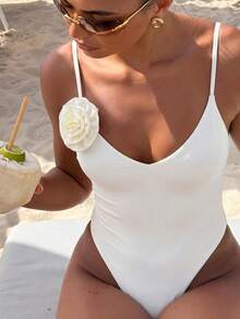 Women's Elegant Backless High Slit One-Piece Swimsuit, Suitable For Party, Music Festival, Valentine's Day, Women's Beach Outfit, Elegant Ladies' Beach Swimwear, Women's Summer Beach Vacation 2-Piece Swimsuit - Yellow - View 1