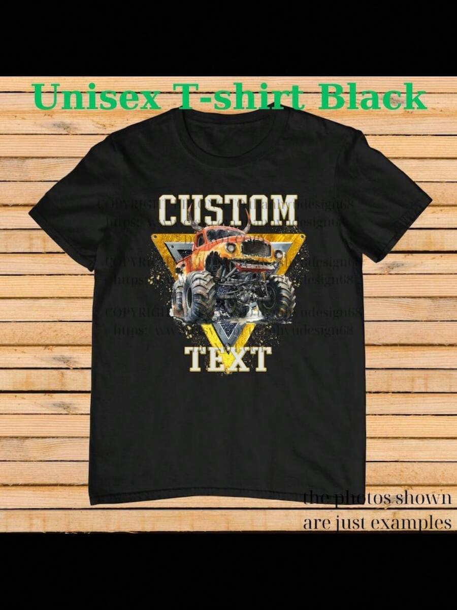 Monster Truck Shirt – Text Tee, Personalized Monster Jam Birthday Gift For Kids & Adults, Customizable Truck Design - 黑色 - 查看 1