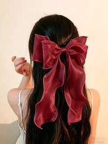 1pc Sweet Wine Red Princess Tulle Extra Large Bow Wave Ribbon Spring Clip, Elegant Soft Headpiece Hair Accessory For Spring,Hair Clip,Birthday - Burgundy - View 5