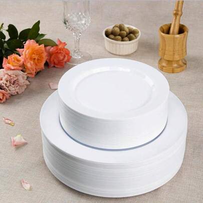 50/25/10个可重复使用的白色派对餐盘，7.5英寸和10.25英寸，适用于宴会和开胃菜 - 非常适合派对、婚礼、生日和餐饮活动（圣诞节/情人节/母亲节），婚礼用品，活动餐具，时尚餐盘，优雅餐具，轻便耐用，适合家庭聚会和餐饮服务