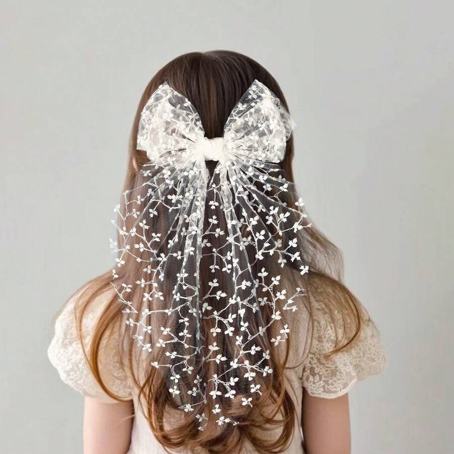 1 pieza Clip de pelo elástico con lazo de encaje, accesorio de pelo elegante y dulce con cinta bordada para mujeres - Ver 1