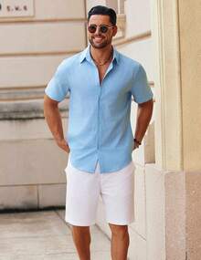 Men's Button-Down Short-Sleeve Shirt Casual Cotton Summer Beach Linen Wedding Shirt With Pockets - Clear Blue - View 4