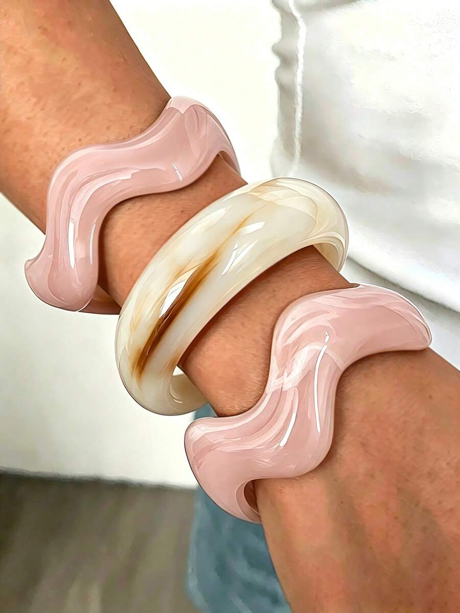 3件套复古简约波浪纹亚克力手镯,粉色,适合女性日常佩戴,可叠戴,是完美的礼物之选。 - 彩色 - 查看 1
